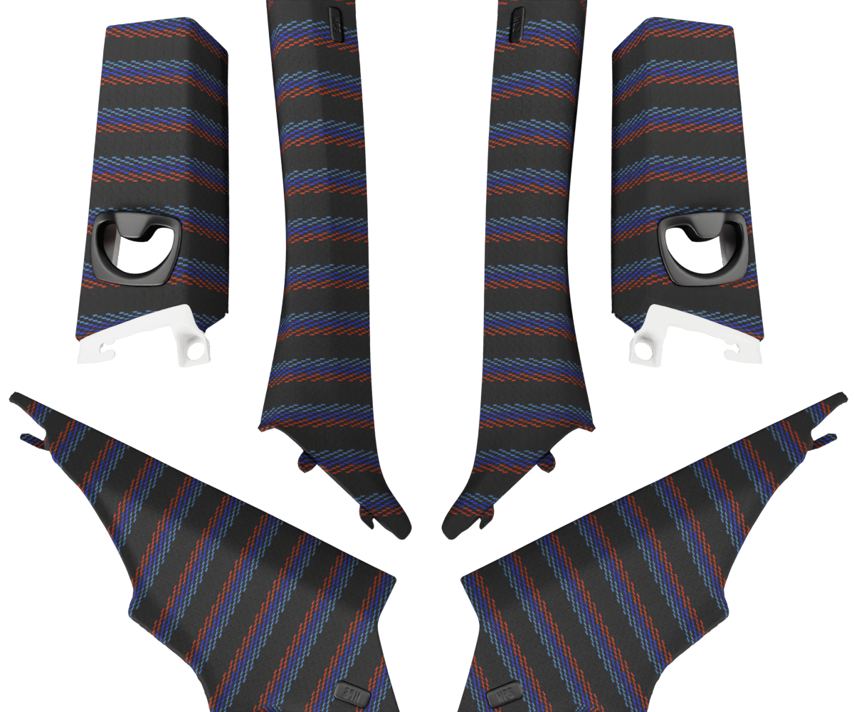 bmw e92 OEM pillars wrapped in 3 Mtech M Black fabric