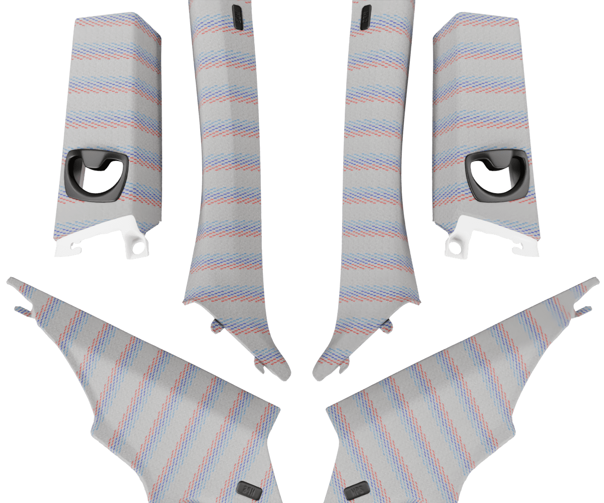 bmw e92 OEM pillars wrapped in 3 Mtech M Grey fabric