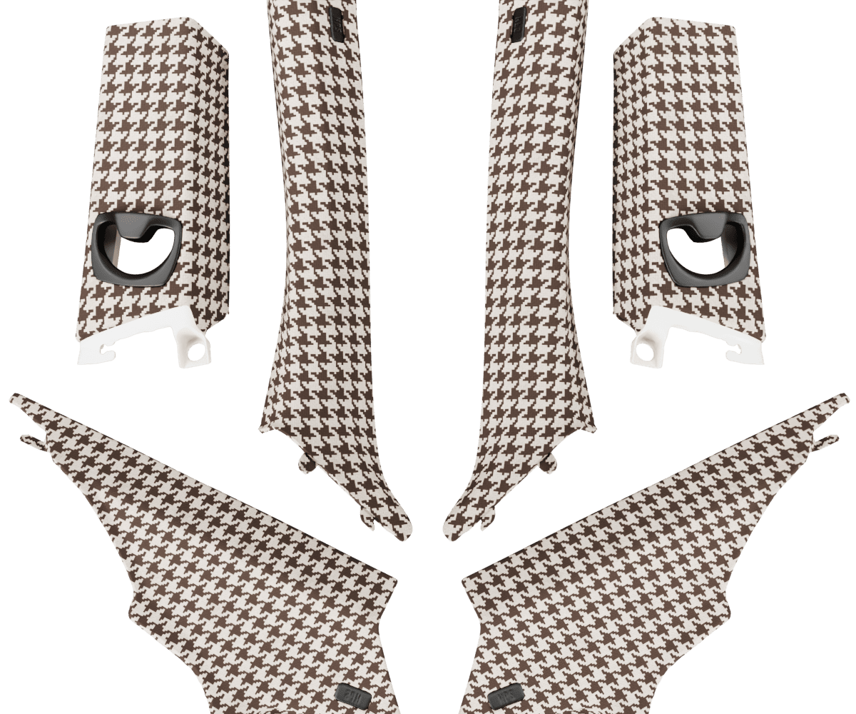 bmw e92 pillars upholsered in custom woven houndstooth fabric