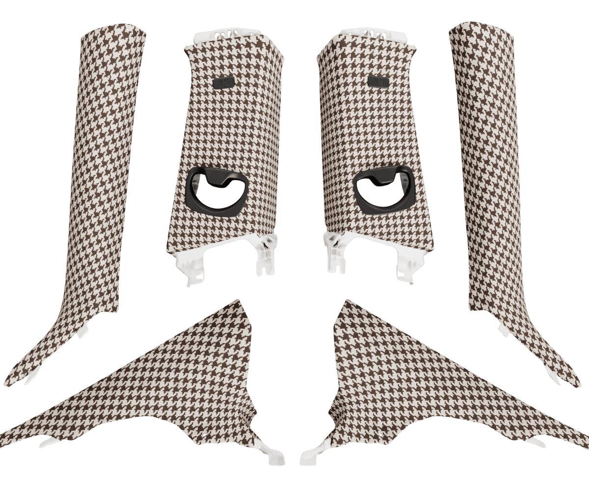 bmw f32 pillars upholsered in custom woven houndstooth fabric
