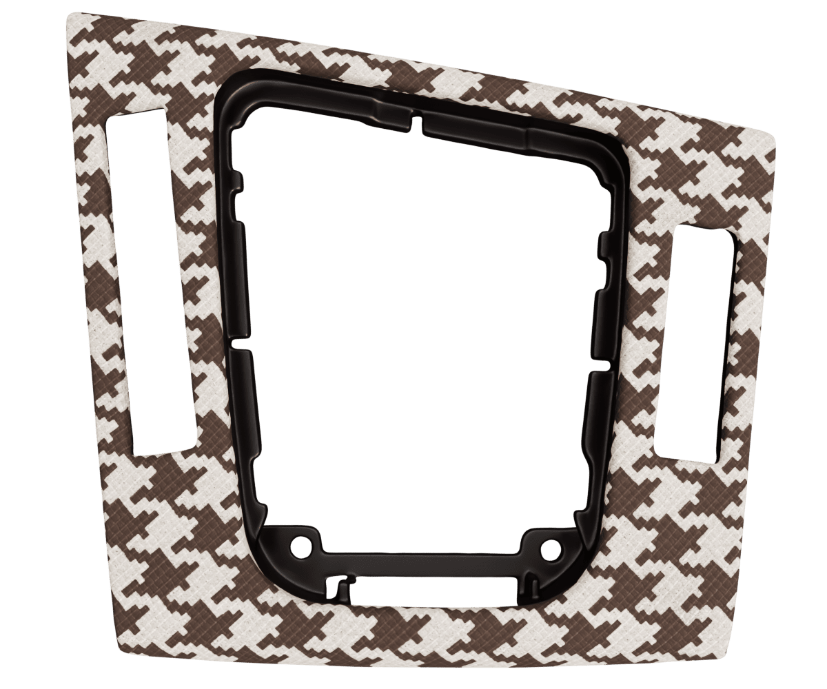 bmw e46 center console upholsered in custom woven houndstooth fabric