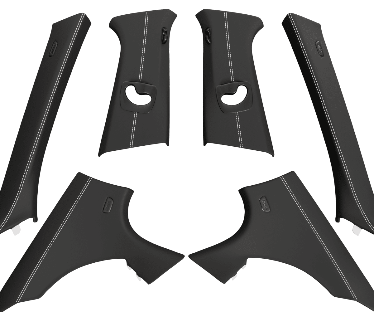 bmw f10 Custom upholstered black Alcantara pillars with parallel stitching