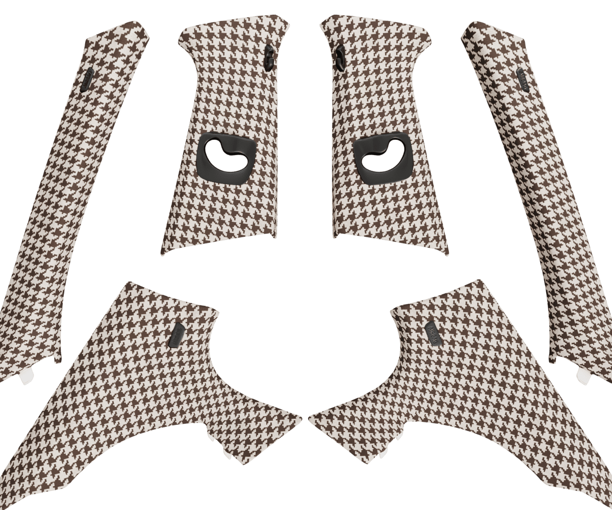 bmw f10 pillars upholsered in custom woven houndstooth fabric