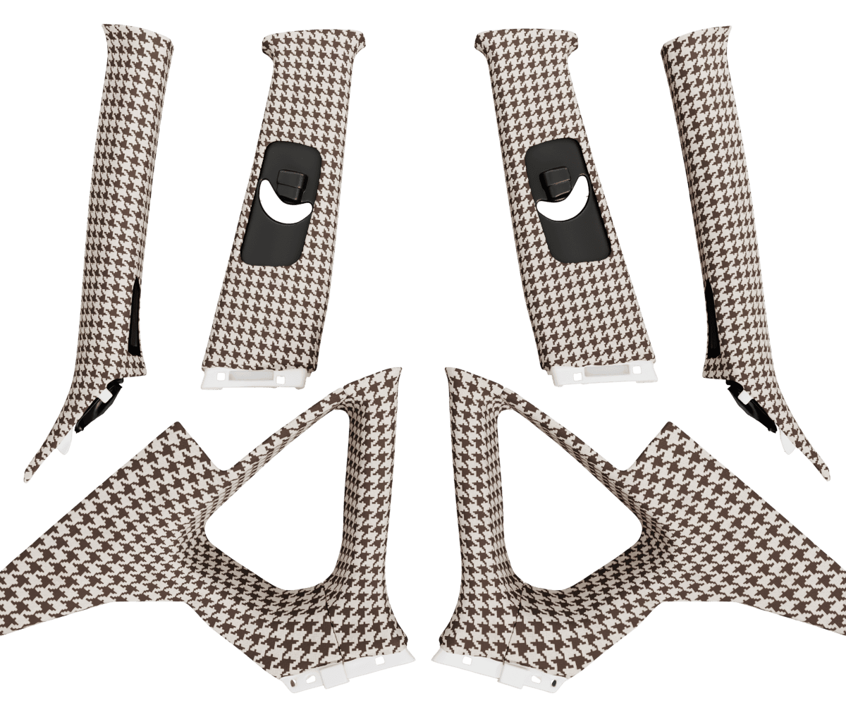 infiniti m45 pillars upholsered in custom woven houndstooth fabric